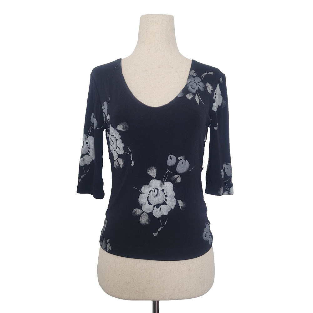 VTG Y2K Dark Floral 3/4 Sleeve Top Size S Goth Witchy Whimsigoth Fairy Grunge